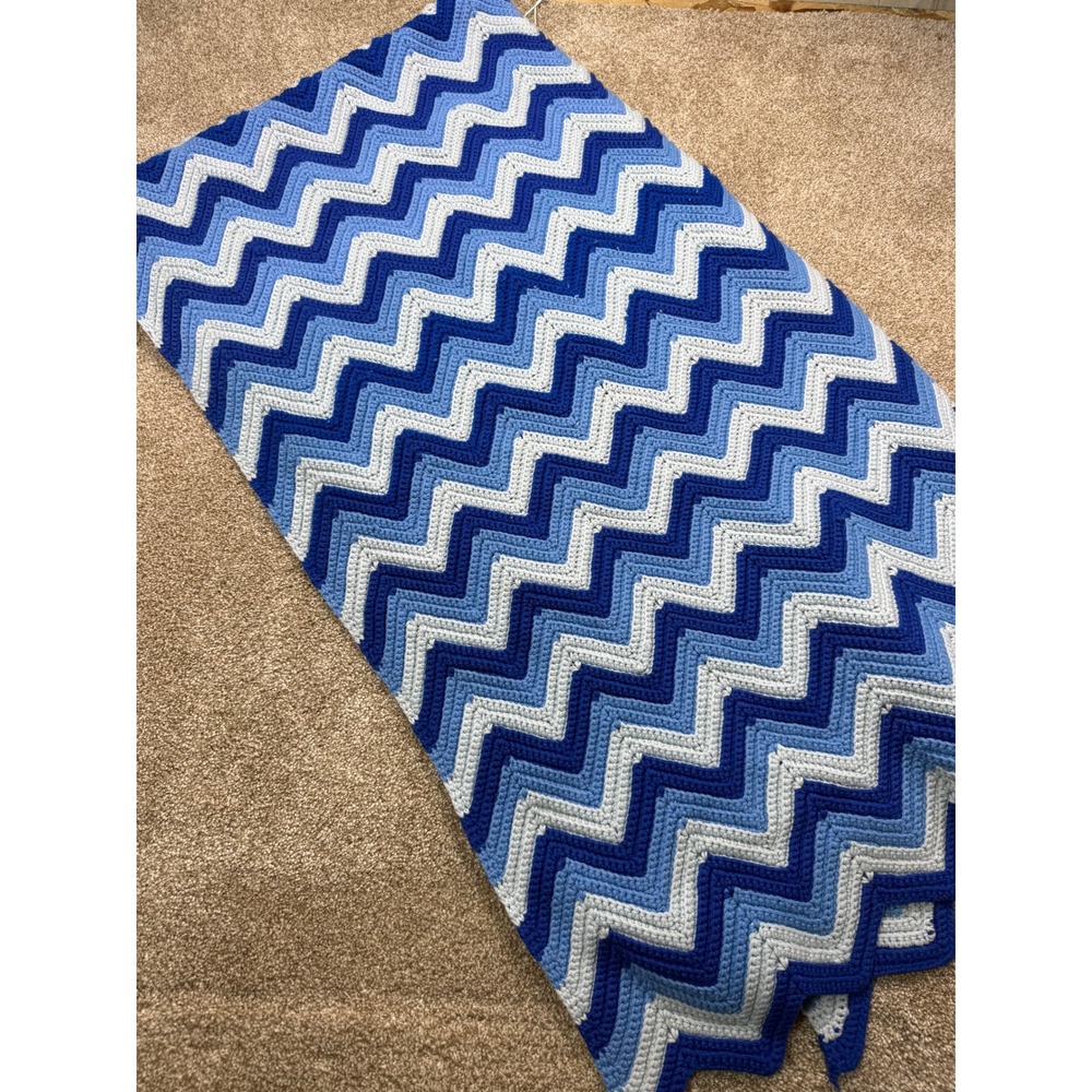 VTG Handmade Crochet Blue Chevron Ripple Afghan Blanket 88x52 Scalloped Throw
